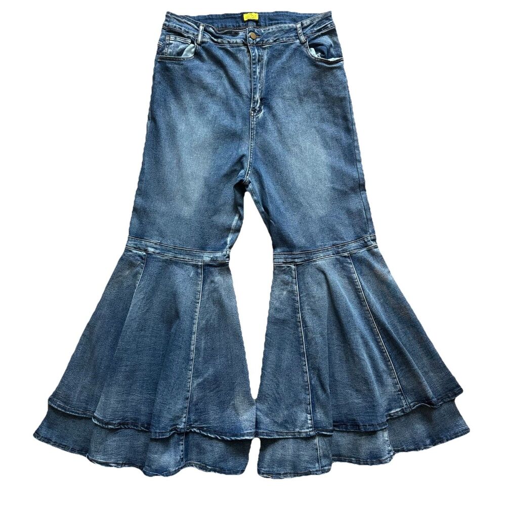 Y2K Love Highlight 34-38” Waist 3XL Bell Bottom Jeans Women Stretch Tiered Flare